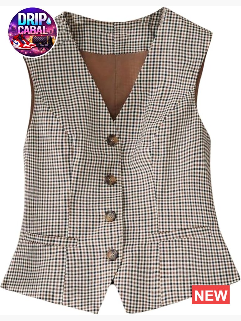 Sleeveless V Neck Button Down Vintage Plaid Suit Vest Waistcoat